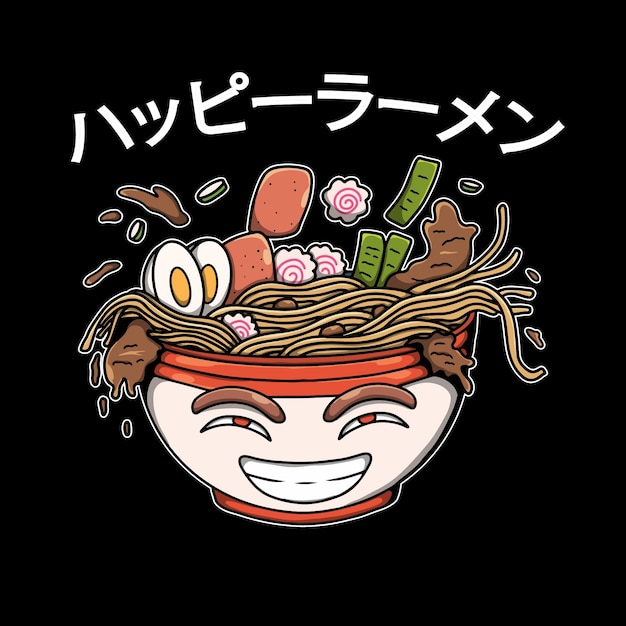 ilustración de dibujado a mano de fideos ramen feliz japonés