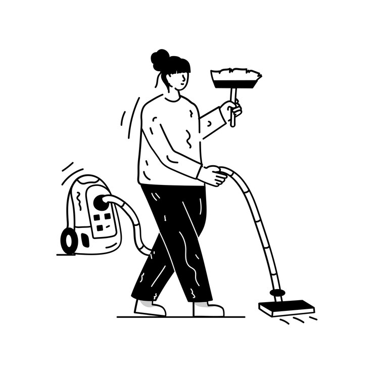 Vector ilustración de dibujado a mano de limpieza de casa con máquina de vacío