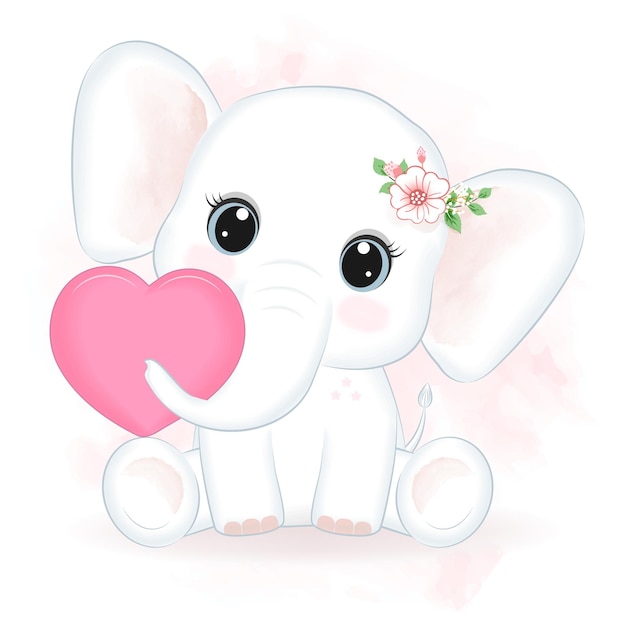 Ilustración de dibujado a mano lindo pequeño elefante y corazón