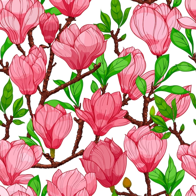 Vector ilustración de dibujado a mano de patrones sin fisuras de flores de magnolia de flor rosa