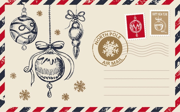 Ilustración de dibujado a mano postal de correo de navidad