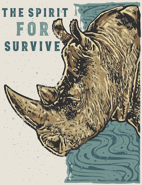 La ilustración de dibujado a mano de rinoceronte de estilo de diseño vintage