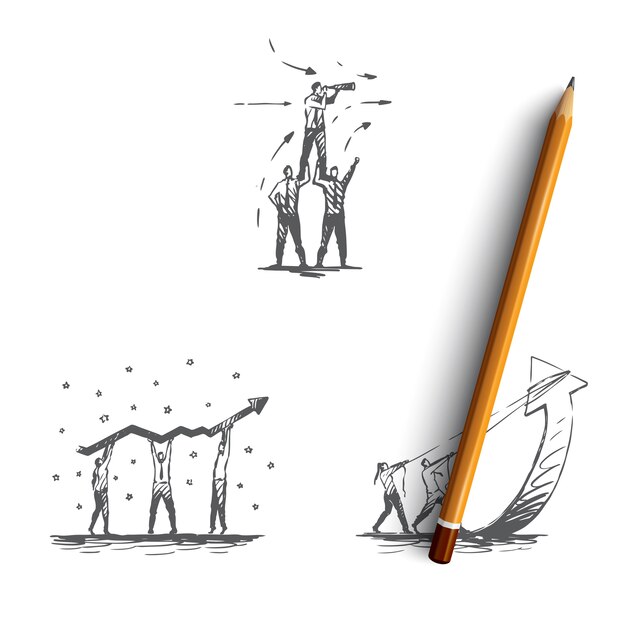 Ilustración de dibujado a mano de trabajo en equipo de oficina