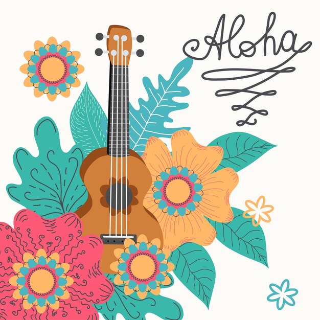 Vector ilustración de dibujado a mano de ukelele y hojas tropicales