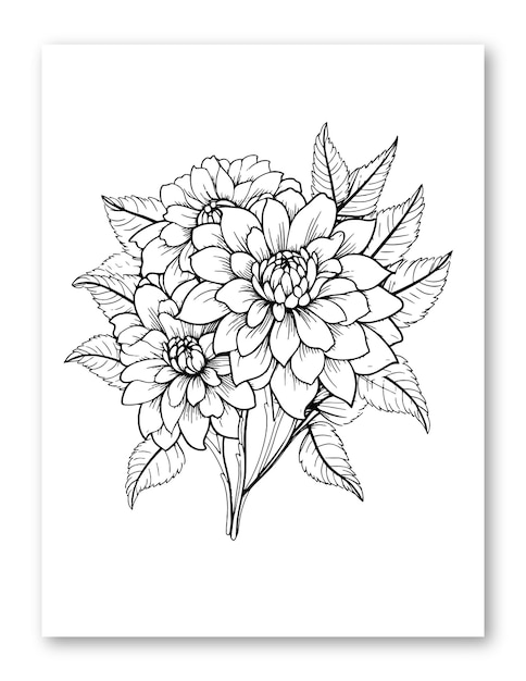 Ilustración de dibujo de arte lineal de flor de dalia para página para colorear