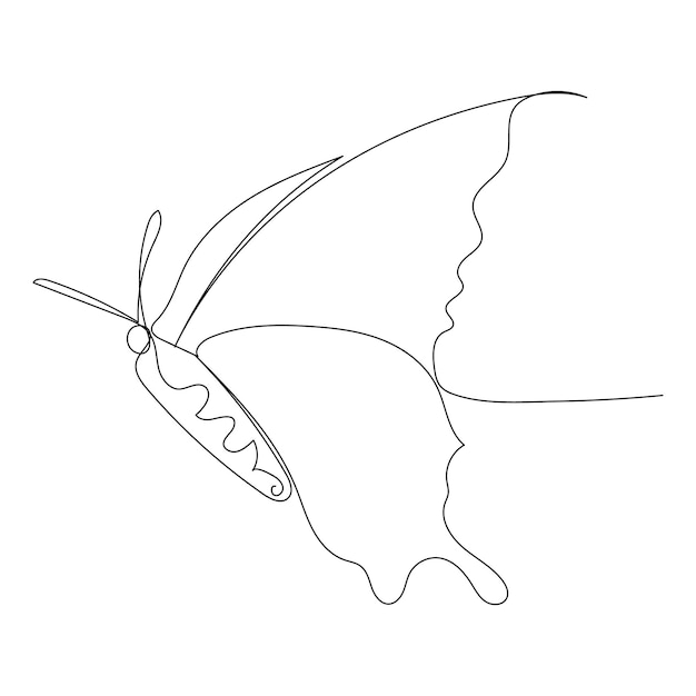 Ilustración de dibujo artístico de contorno de una línea continua de mariposa volando en una sola línea