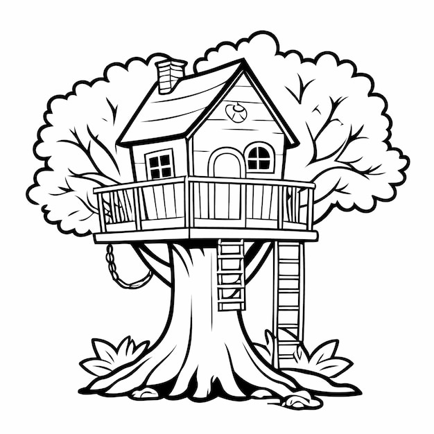 Ilustración de dibujo de Cute TreeHouse para libros de colorear