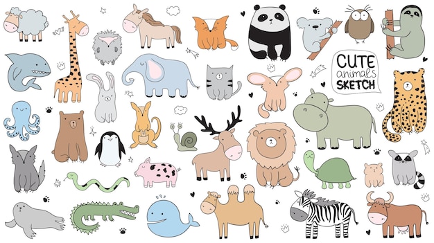 Ilustración de dibujo de dibujos animados de vector con animales lindos doodle. Perfecto para postal, cumpleaños, libro de bebé, habitación de niños. Cordero, cocodrilo, cebra, camello, pulpo, ballena, tiburón, lobo, vaca, caracol