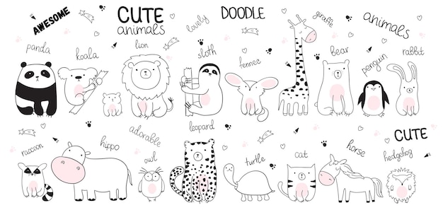 Ilustración de dibujo de dibujos animados de vector con animales lindos doodle. Perfecto para postal, cumpleaños, libro de bebé, habitación de niños. Panda, koala, perezoso, leopardo, hipopótamo, mapache, búho, tortuga, león