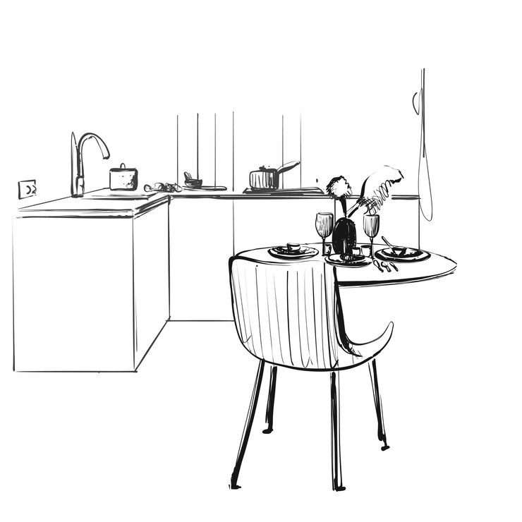Ilustración de dibujo interior de cocina Boceto de mesa de cena