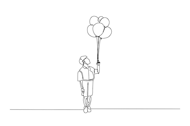 Ilustración de dibujo de una línea continua de un niño feliz sosteniendo globos de aire