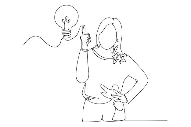 Una ilustración de dibujo de línea continua vista frontal de la mujer apuntando hacia arriba obtener una idea brillante