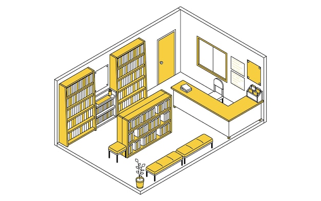 Ilustración de un dibujo de línea isométrica simple y linda de una biblioteca escolar con estanterías