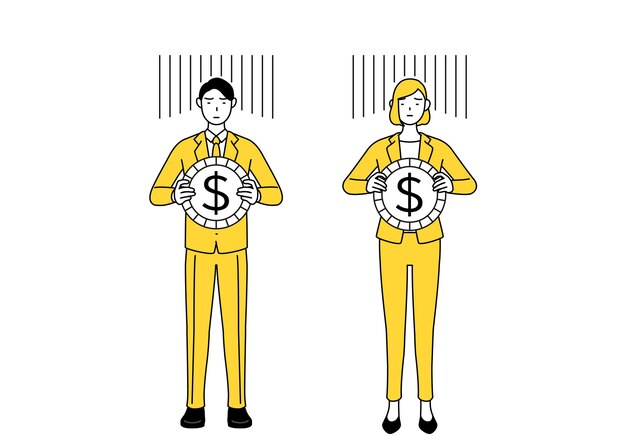 Ilustración de dibujo de línea simple de un hombre de negocios y una mujer de negocios en un traje una imagen de pérdida de cambio o de depreciación del dólar