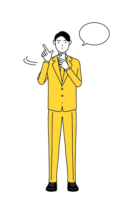 Ilustración de dibujo de línea simple de un hombre de negocios en traje operando un teléfono inteligente