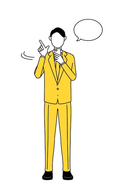 Ilustración de dibujo de línea simple de un hombre de negocios en un traje que opera un teléfono inteligente