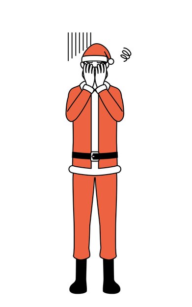 Ilustración de dibujo de línea simple de un hombre vestido como Santa Claus cubriendo su rostro en depresión