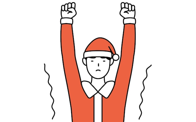 Ilustración de dibujo de línea simple de un hombre vestido como Santa Claus estirándose y de pie alto