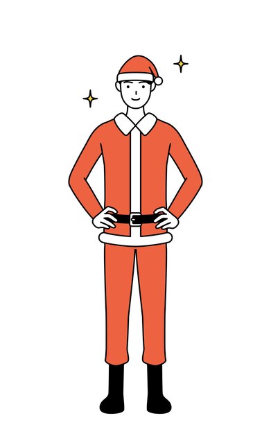 Ilustración de dibujo de línea simple de un hombre vestido como Santa Claus con las manos en las caderas