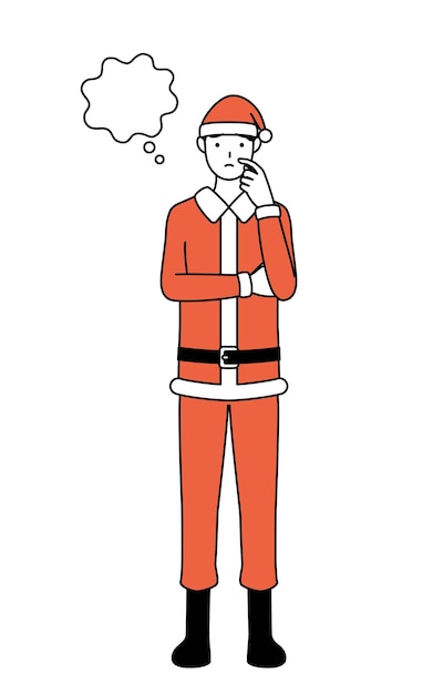 Ilustración de dibujo de línea simple de un hombre vestido como Santa Claus pensando mientras se rasca la cara