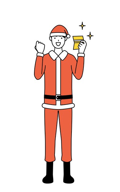 Ilustración de dibujo de línea simple de un hombre vestido como Santa Claus que está contento de ver un libro de banco