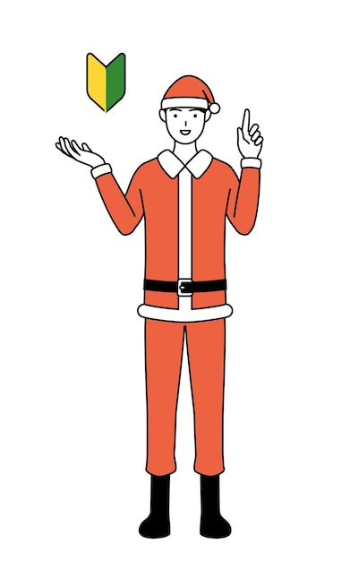 Ilustración de dibujo de línea simple de un hombre vestido como Santa Claus que muestra el símbolo de las hojas jóvenes