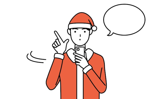 Ilustración de dibujo de línea simple de un hombre vestido como Santa Claus que opera un teléfono inteligente
