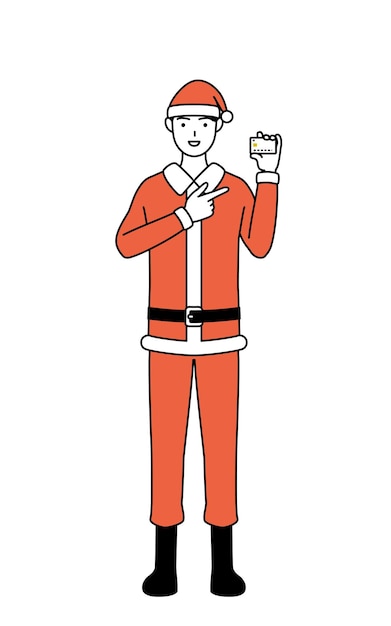 Ilustración de dibujo de línea simple de un hombre vestido como Santa Claus que recomienda el pago con tarjeta de crédito