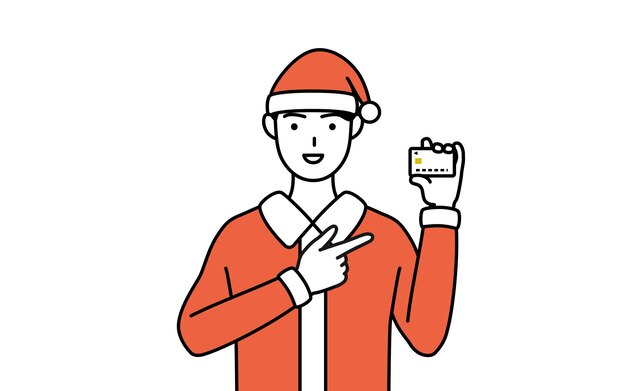 Ilustración de dibujo de línea simple de un hombre vestido como Santa Claus que recomienda el pago con tarjeta de crédito