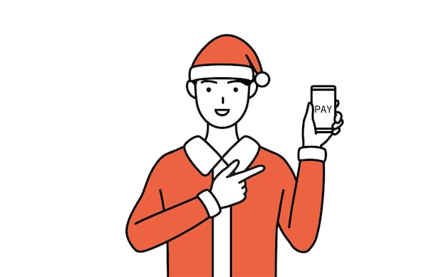 Ilustración de dibujo de línea simple de un hombre vestido como santa claus que recomienda pagos en línea sin efectivo en un teléfono inteligente