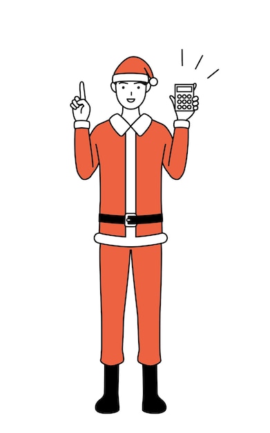 Ilustración de dibujo de línea simple de un hombre vestido como Santa Claus sosteniendo una calculadora y señalando