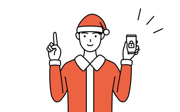 Ilustración de dibujo de línea simple de un hombre vestido como Santa Claus tomando medidas de seguridad para su teléfono