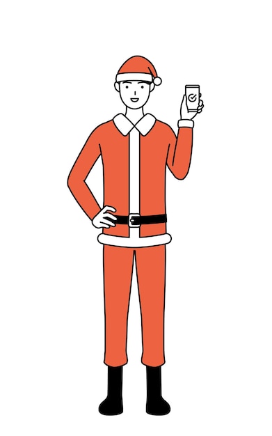Ilustración de dibujo de línea simple de un hombre vestido como Santa Claus usando un teléfono inteligente en el trabajo