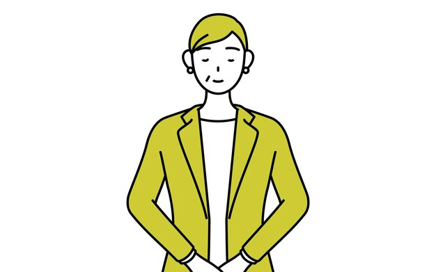 Ilustración de dibujo de línea simple de una mujer mayor en traje mujer gerente carrera mujer inclinándose ligeramente