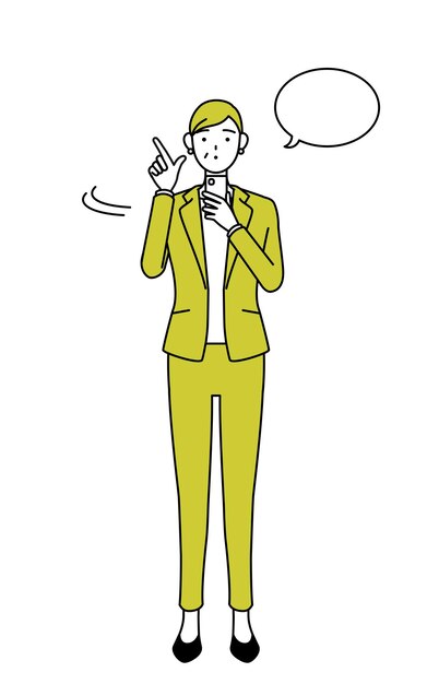 Ilustración de dibujo de línea simple de una mujer mayor en traje mujer gerente carrera mujer operando un teléfono inteligente