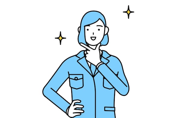 Ilustración de dibujo de línea simple de una mujer en ropa de trabajo en una pose segura