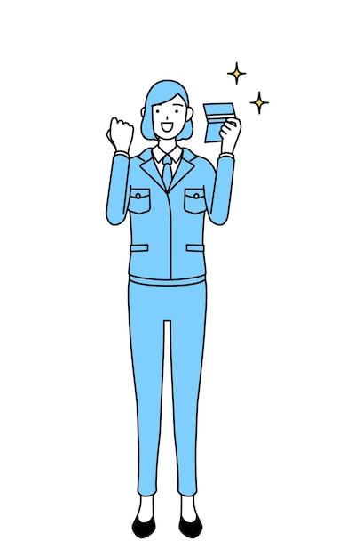 Ilustración de dibujo de línea simple de una mujer en ropa de trabajo que está encantada de ver una libreta