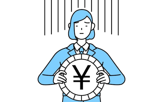 Ilustración de dibujo de línea simple de una mujer en el trabajo con una imagen de pérdida de cambio o depreciación del yen