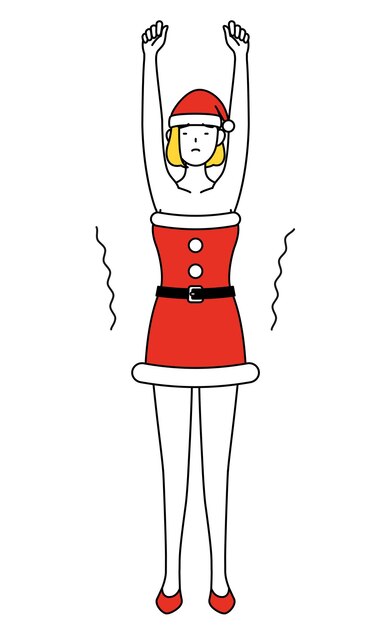 Ilustración de dibujo de línea simple de una mujer vestida como Santa Claus estirándose y de pie alto