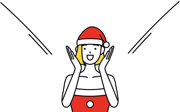 Ilustración de dibujo de línea simple de una mujer vestida como Santa Claus gritando con la mano sobre la boca