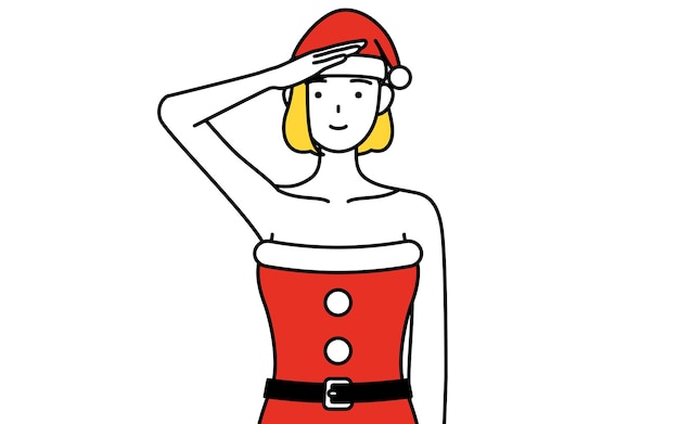 Ilustración de dibujo de línea simple de una mujer vestida como Santa Claus haciendo un saludo