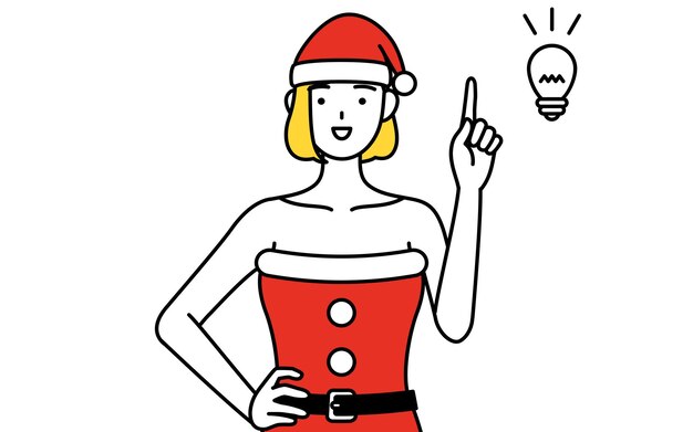 Ilustración de dibujo de línea simple de una mujer vestida como Santa Claus con una idea