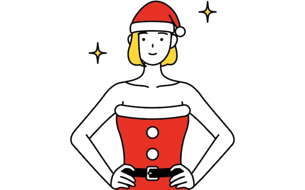 Ilustración de dibujo de línea simple de una mujer vestida como Santa Claus con las manos en las caderas