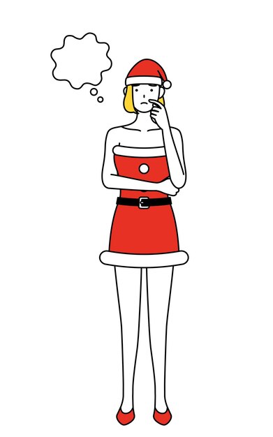 Ilustración de dibujo de línea simple de una mujer vestida como Santa Claus pensando mientras se rasca la cara