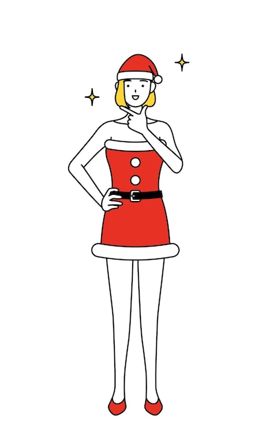 Ilustración de dibujo de línea simple de una mujer vestida como Santa Claus en una pose segura