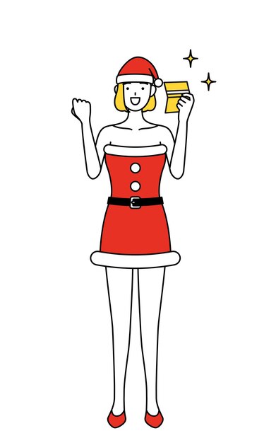 Ilustración de dibujo de línea simple de una mujer vestida como Santa Claus que se complace en ver un libro de banco
