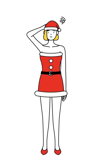 Ilustración de dibujo de línea simple de una mujer vestida como Santa Claus rascándose la cabeza en apuros