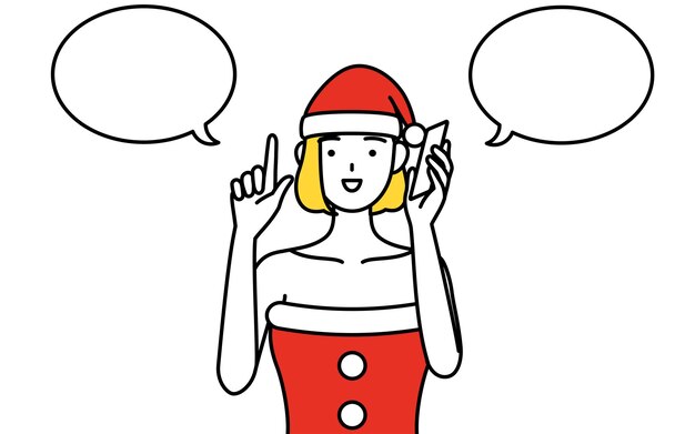 Ilustración de dibujo de línea simple de una mujer vestida como Santa Claus señalando mientras habla por teléfono