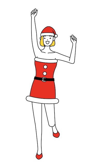 Ilustración de dibujo de línea simple de una mujer vestida como Santa Claus sonriendo y saltando