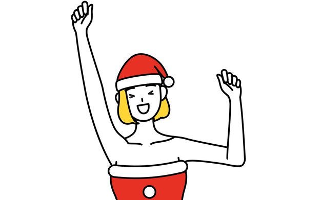 Ilustración de dibujo de línea simple de una mujer vestida como Santa Claus sonriendo y saltando